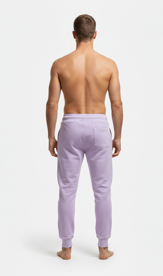 Male model wearing premium lavender athletic joggers on white background Back view