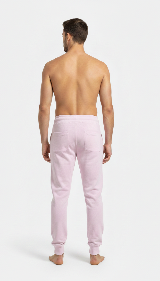 Male model wearing premium Pink athletic joggers on white background back view