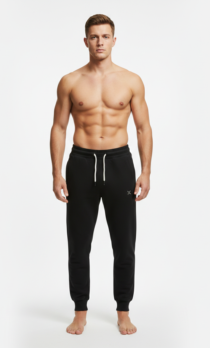 Male model wearing premium Black athletic joggers on white background front view
