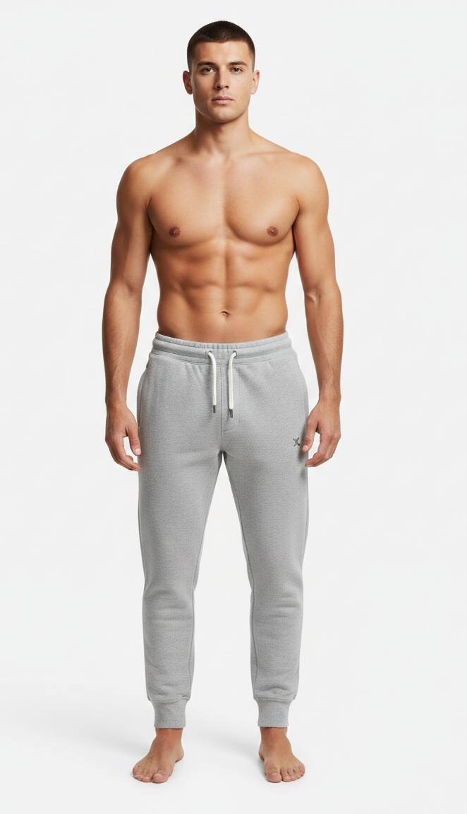 Male model wearing premium Grey athletic joggers on white background front view