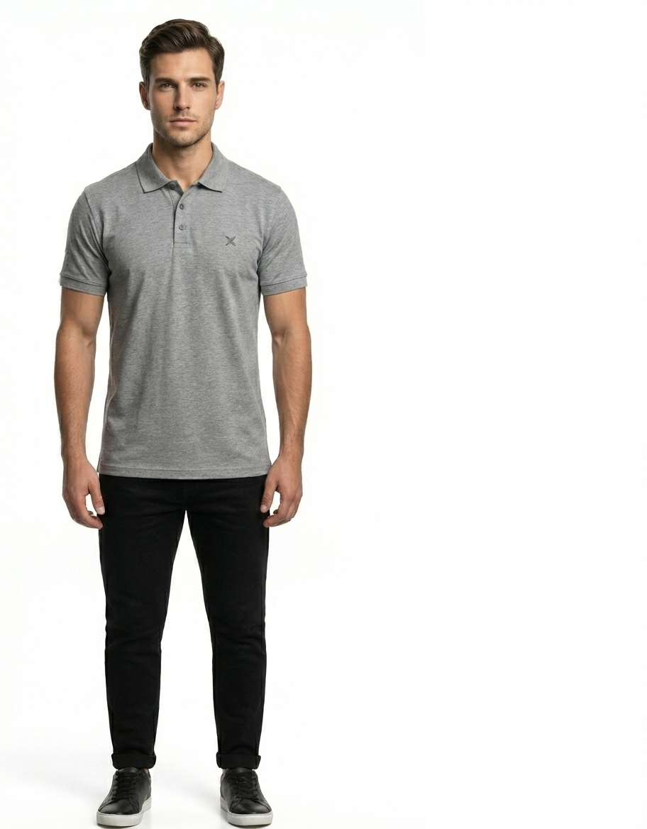 Man wearing a gray polo shirt and black pants on a white background