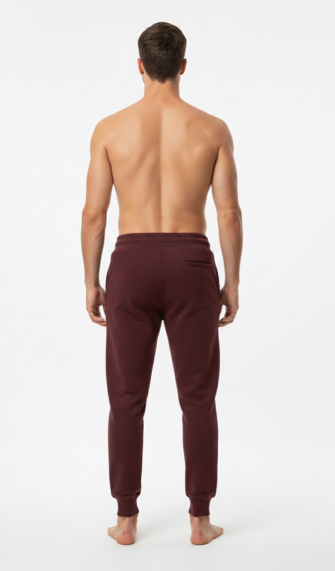 Male model wearing premium maroon athletic joggers on white background back view
