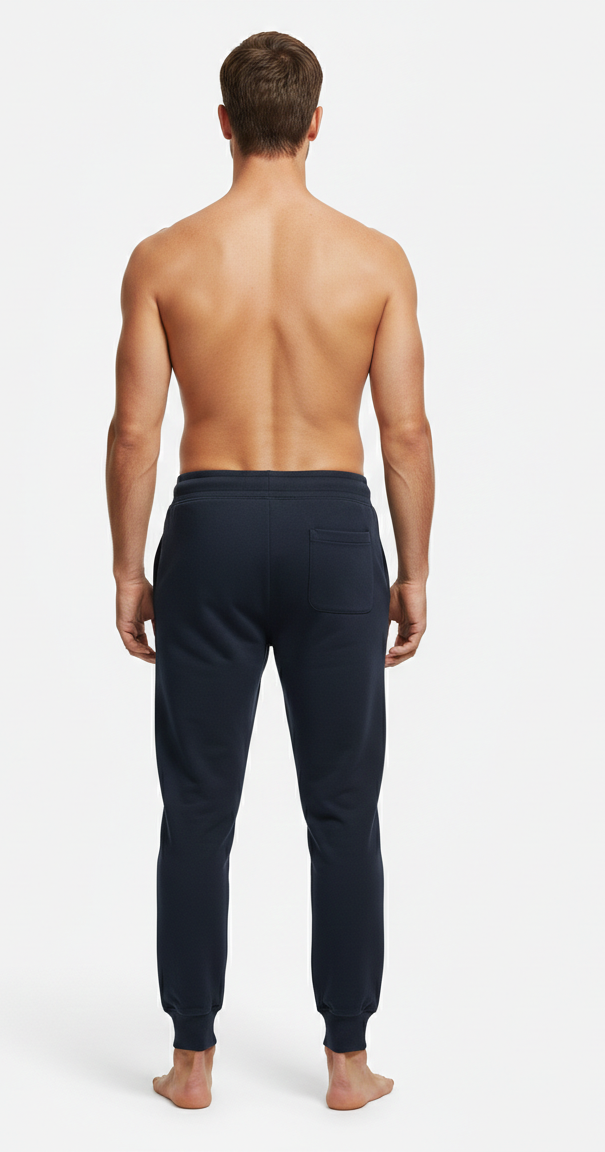 Male model wearing premium Navy Blue athletic joggers on white background back view