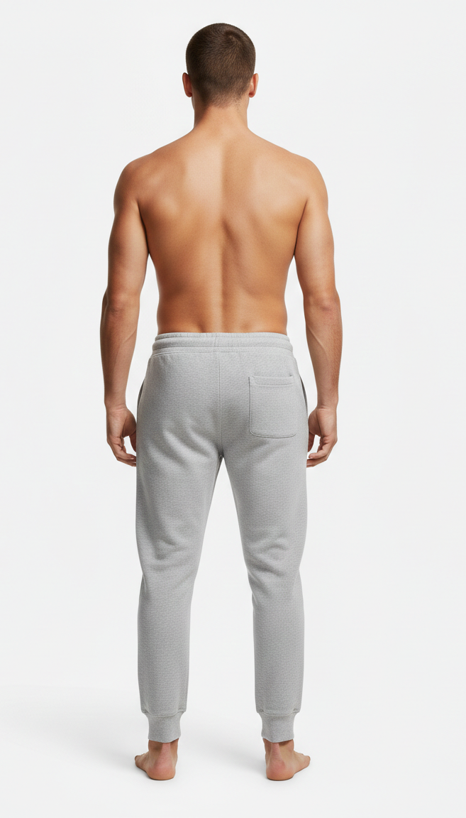 Male model wearing premium Grey athletic joggers on white background back view