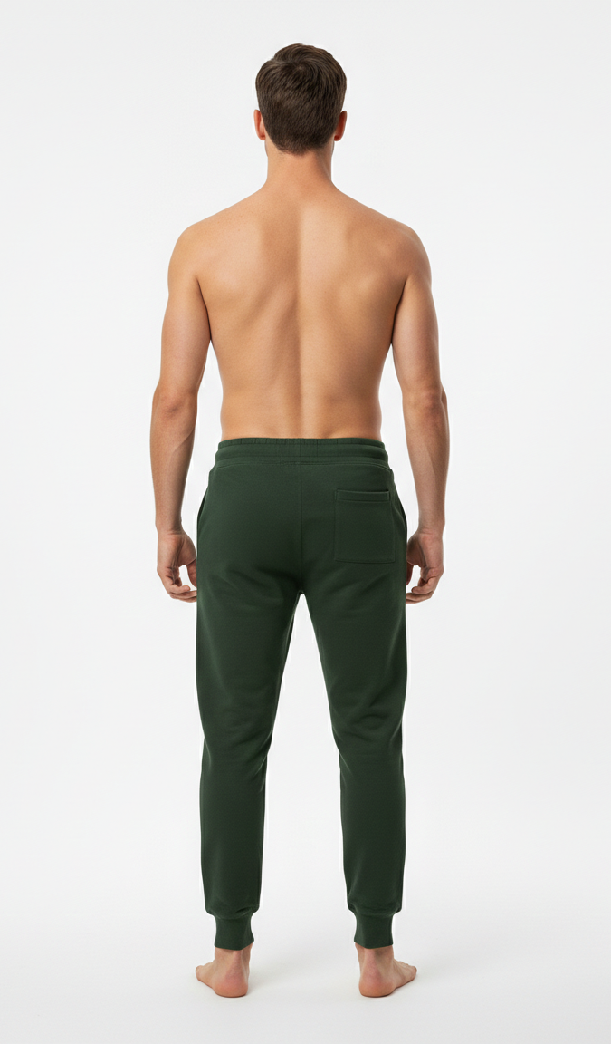 Male model wearing premium Bottle Green athletic joggers on white background back view