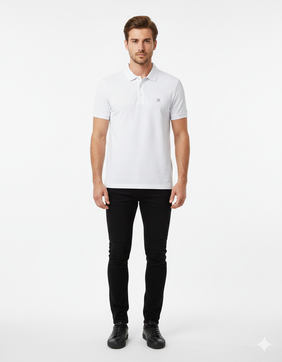 Man wearing a white polo shirt and black pants on a white background