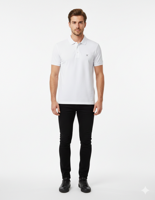 Man wearing a white polo shirt and black pants on a white background