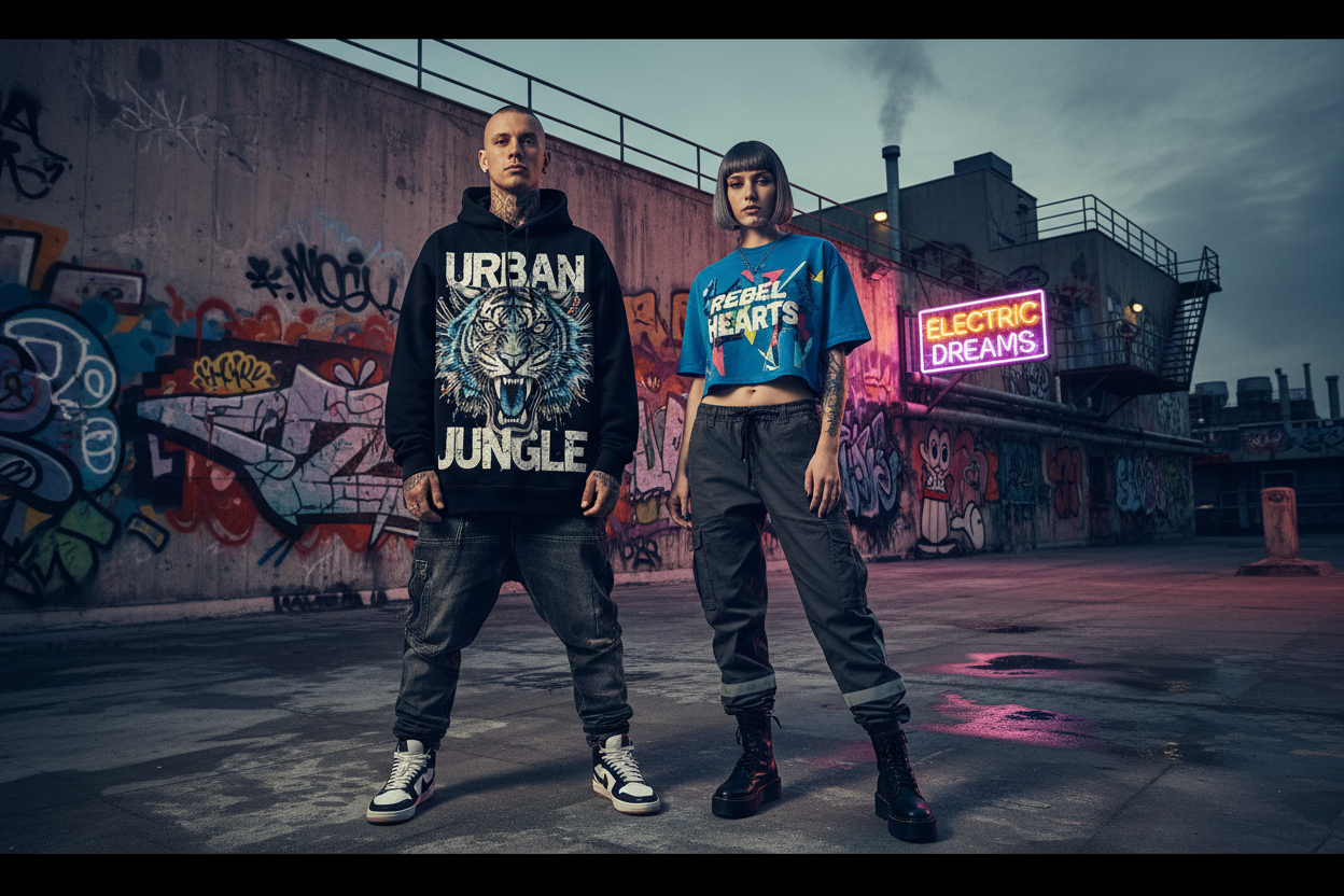 esign a wide cinematic website hero banner for a modern printed streetwear fashion brand selling hoodies, T-shirts, and joggers.
Feature confident male and female models in their early 20s wearing bold graphic streetwear outfits—oversized hoodies, printed T-shirts, and relaxed-fit joggers. The prints should be eye-catching, edgy, and contemporary, inspired by urban culture, typography, graffiti, and abstract art.
Scene setting: an urban environment such as a concrete rooftop, graffiti wall, industrial alley